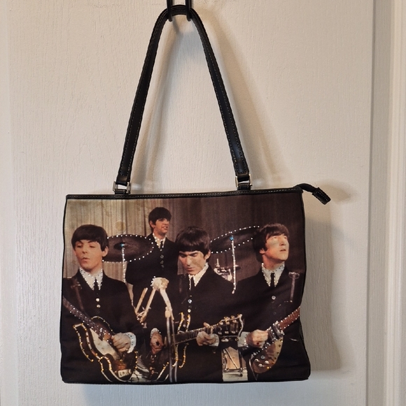 Beatles Band Print Black Zippered Tote Bag - Picture 13 of 13